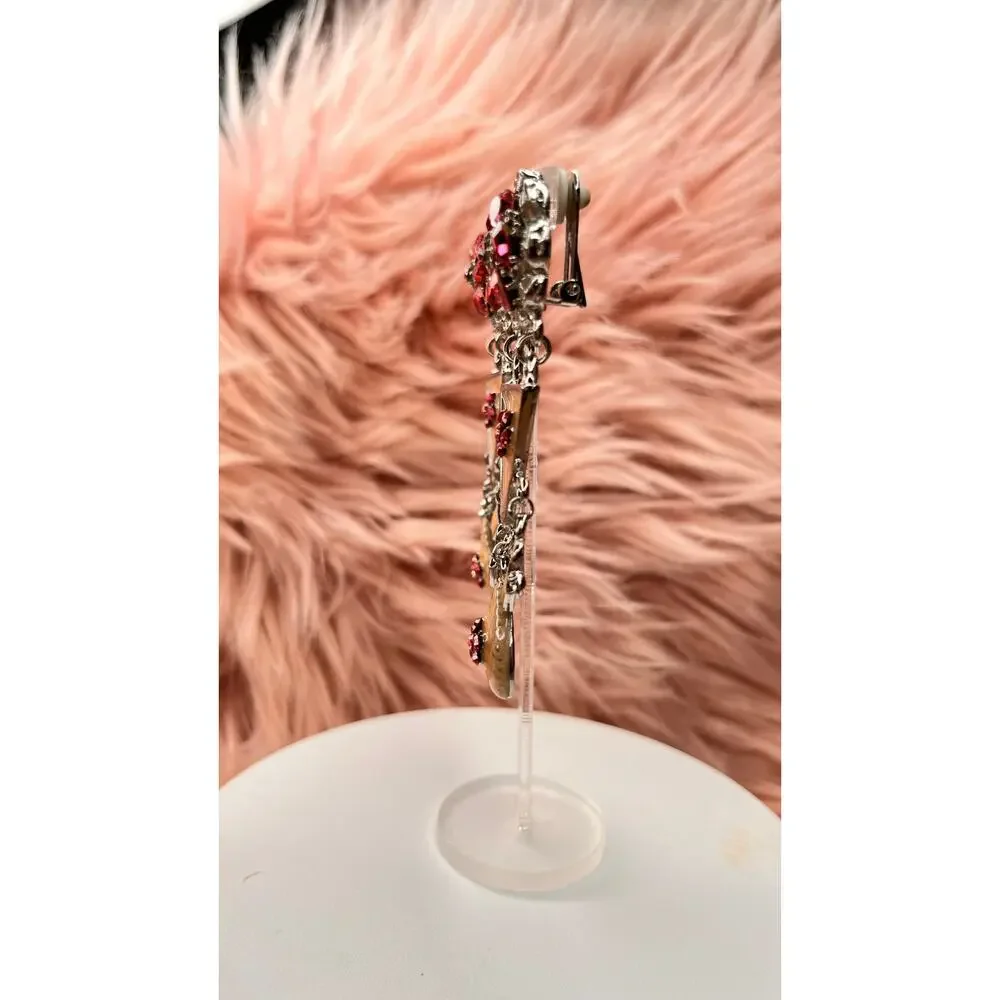 Ornate Art Deco Pink Rhinestones & Peach enamel Dangle Clip-On Earrings -New